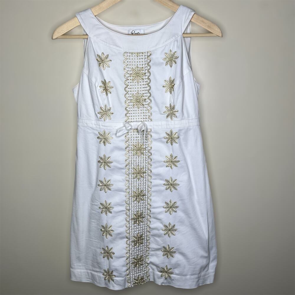 VTG Lilly Pulitzer Shift Dress 0 XS White Gold Embroidered Mini Cotton Bow 90s